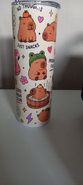 Capybara tumbler front view showing No Thoughts, Just Snacks, Probably Fine and Zero Rush Club text