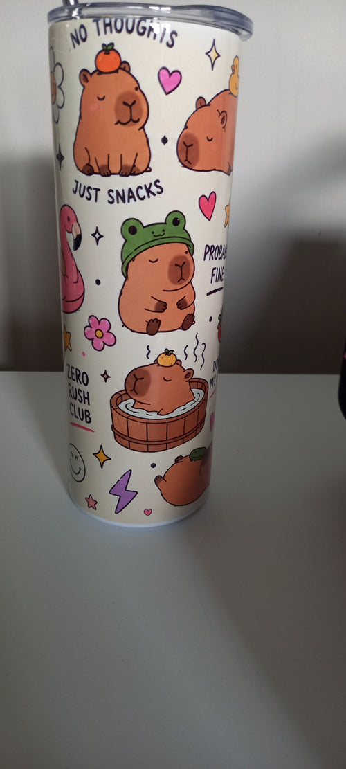 Capybara tumbler front view showing No Thoughts, Just Snacks, Probably Fine and Zero Rush Club text
