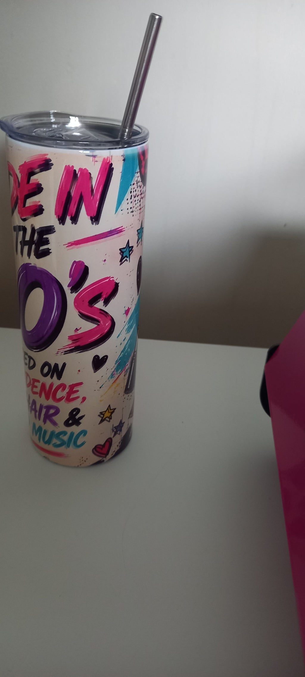 Made in the 80s tumbler side view showing 80s typography