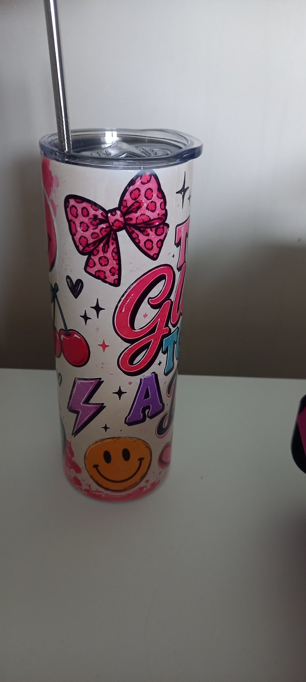 Too Glam to Give a Damn tumbler side view showing full Too Glam to Give a Damn text with hearts and stars