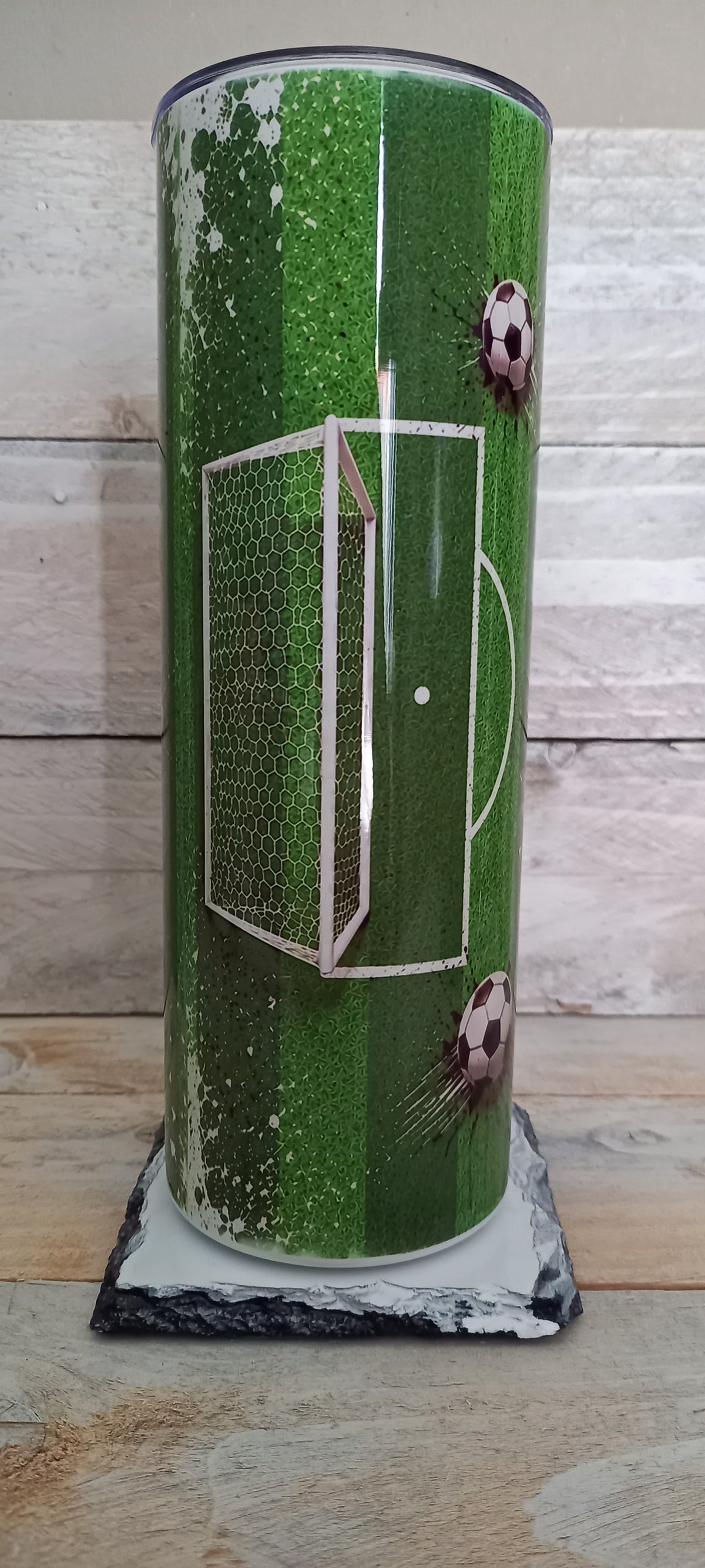 Personalised football tumbler showing custom name, side view