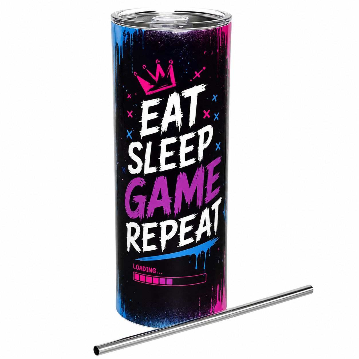 Eat Sleep Game Repeat Gaming Skinny Tumbler with Straw
