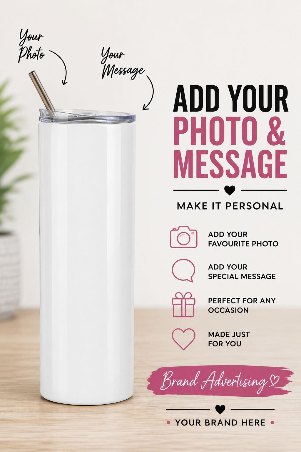 Blank white personalised photo tumbler with lid and straw