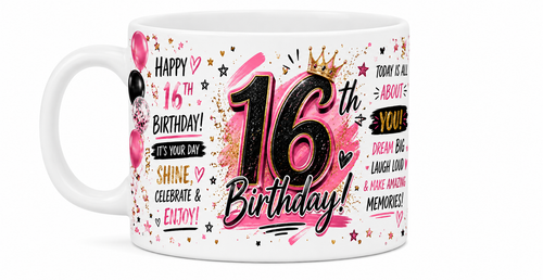 Happy 16th birthday mug pink and gold design