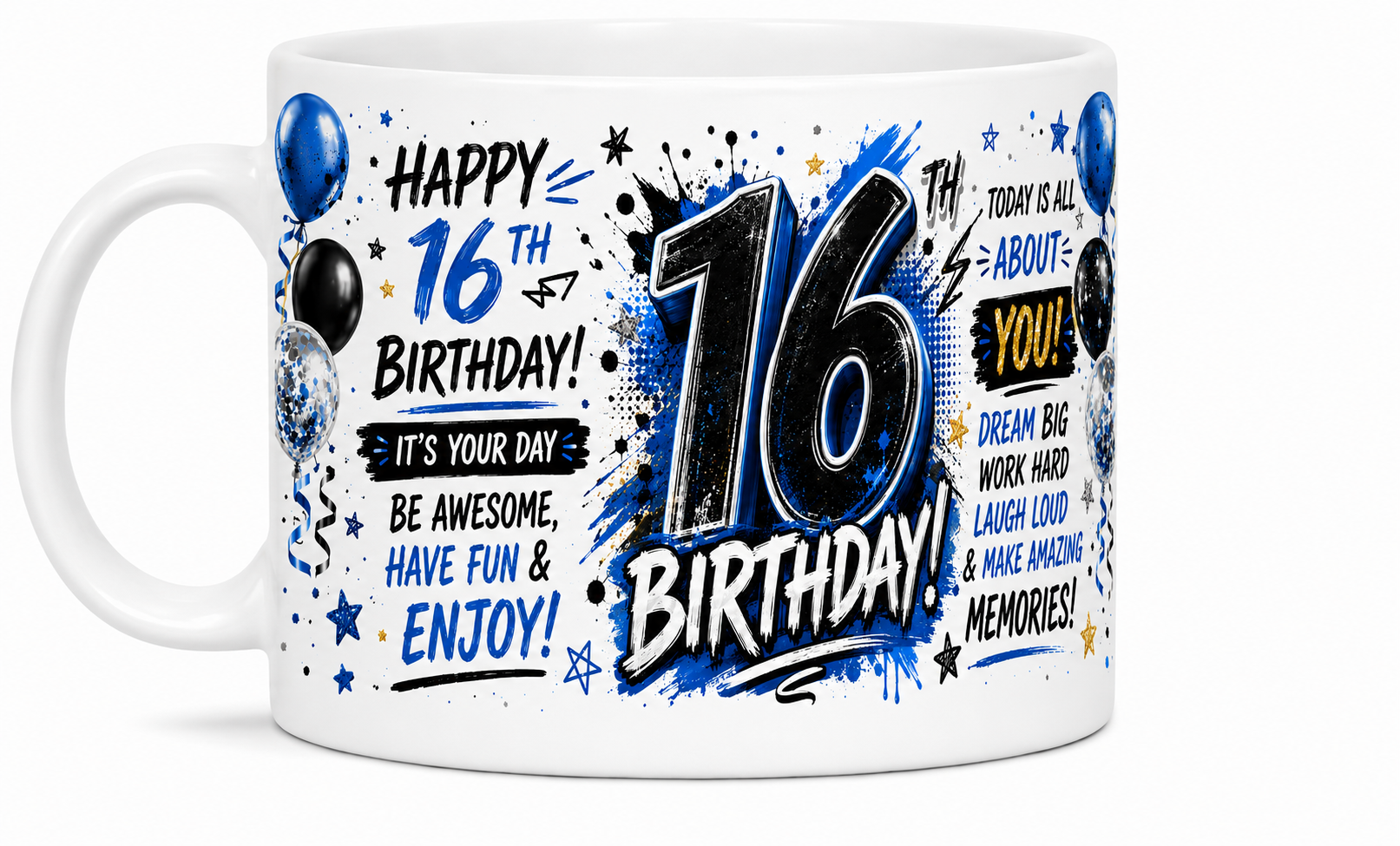 Happy 16th birthday mug blue and black design for him