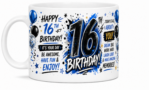 Happy 16th birthday mug blue and black design for him