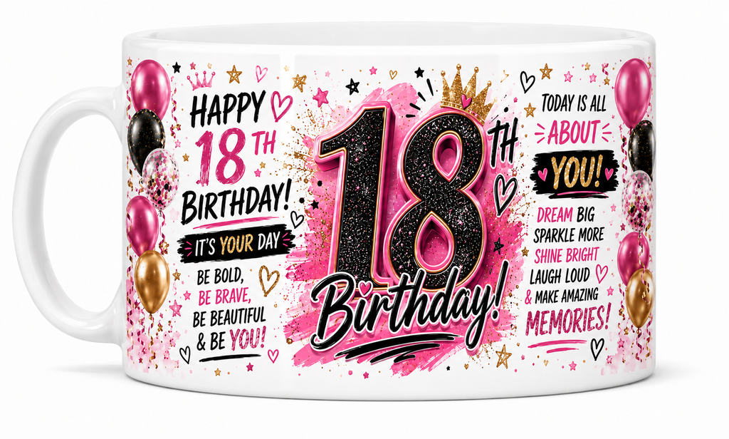 Happy 18th birthday mug pink and black design for her