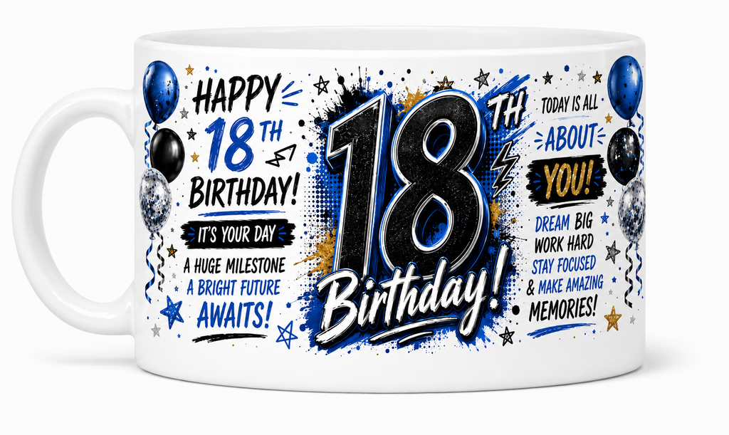 Happy 18th birthday mug blue and black design for him