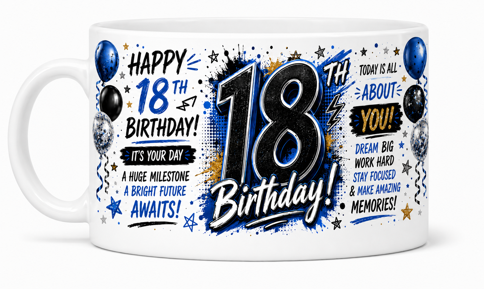 Happy 18th birthday mug blue and black design for him