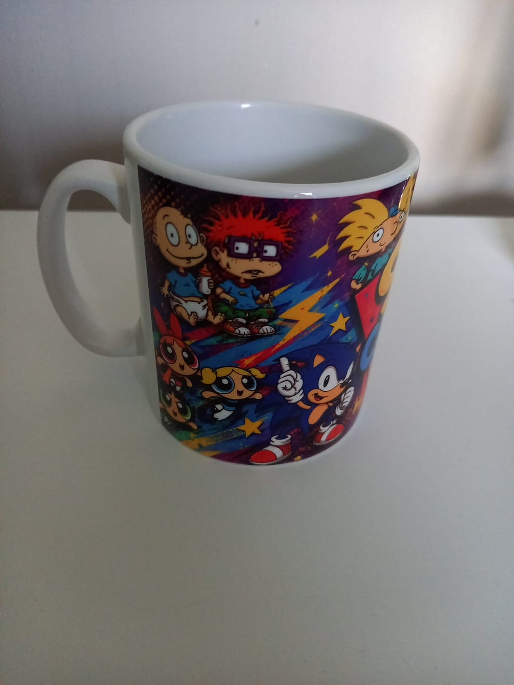 90s Cartoon Vibes Mug - side showing Rugrats, Powerpuff Girls, Sonic and Hey Arnold
