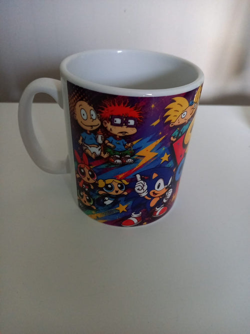 90s Cartoon Vibes Mug - side showing Rugrats, Powerpuff Girls, Sonic and Hey Arnold