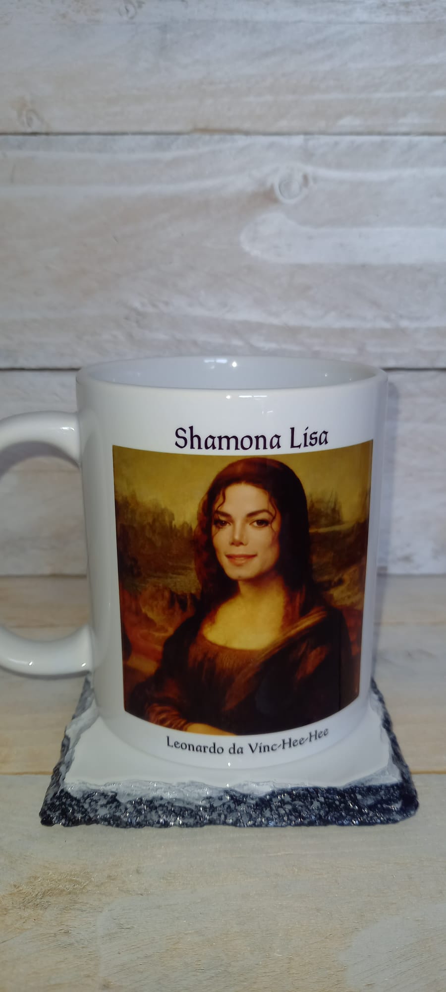 Shamona Lisa mug front view on slate coaster