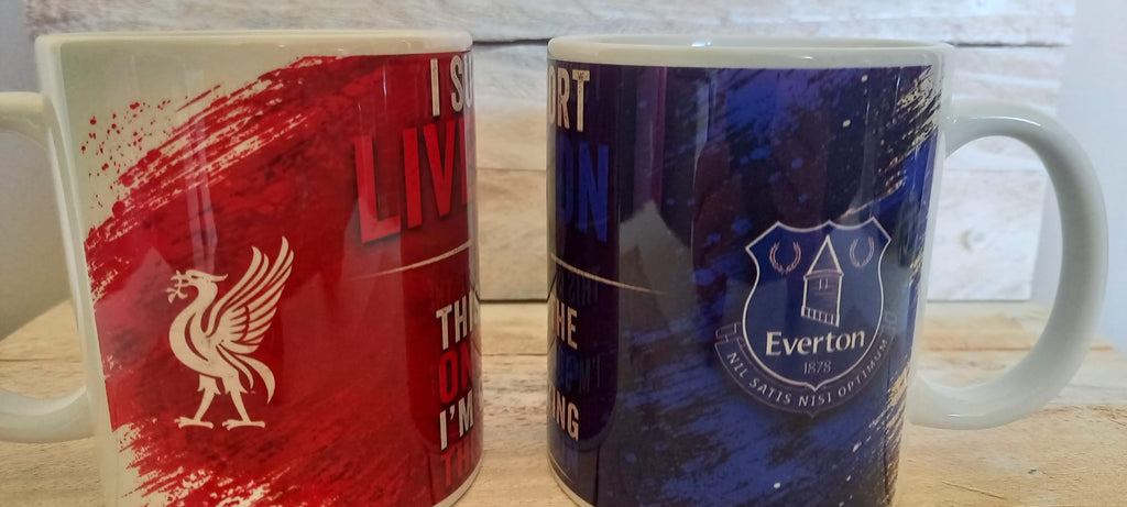 Liverpool and Everton mugs side by side