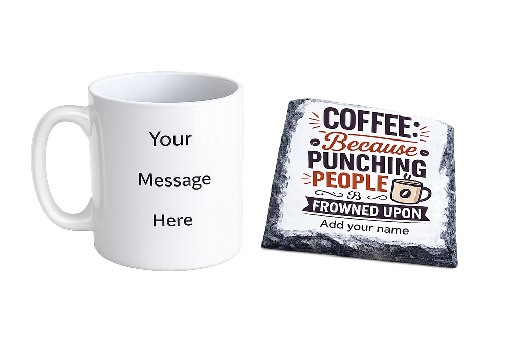 Coffee Mug & Slate Coaster Gift Set – "Coffee Because Punching People Is Frowned Upon"