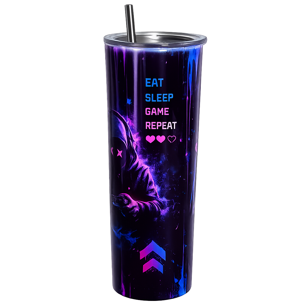 Eat Sleep Game Repeat Gaming Skinny Tumbler with Straw